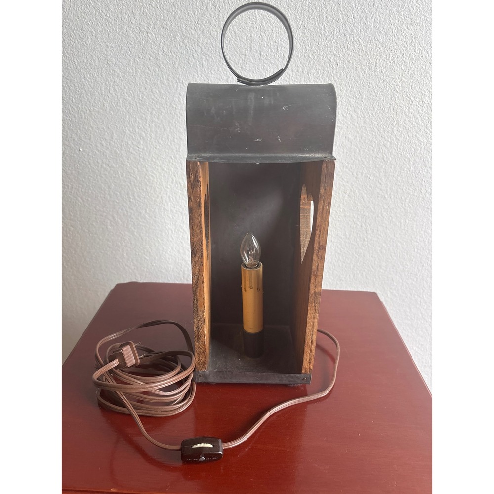 Primitive Wood Metal Heart Cutout Lantern Electric Candle Lamp Rustic Home Decor - Picture 6 of 7
